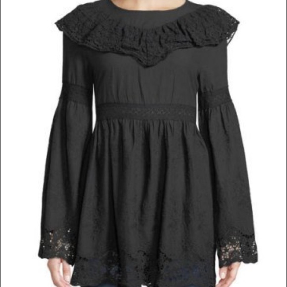LUMIE Size L Romantic Ruffle Lace-Trim Blouse